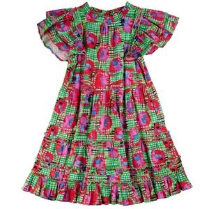 NOT AVAILABLE Briton Court Midi Dress Abstract Plaid Tiered Ruffle Cotton